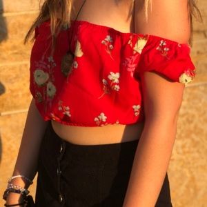 Red floral crop top off the shoulder